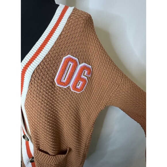 AERIE Oversized Varsity Letterman‎ Boyfriend Button Up Cardigan Orange XS NWT - Picture 5 of 11